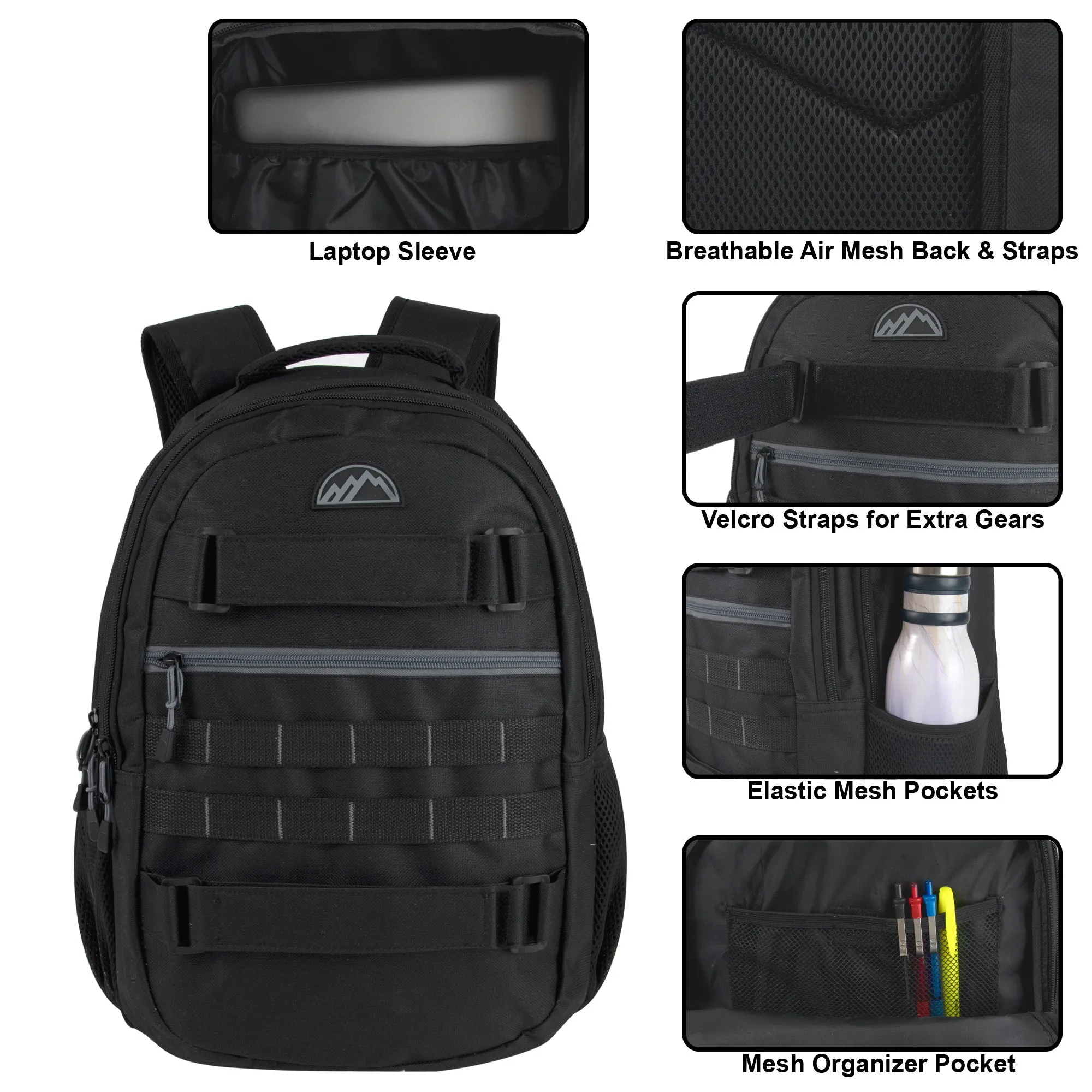19 Inch Dual Strap Skate  Backpack w Laptop Sleeve - Black