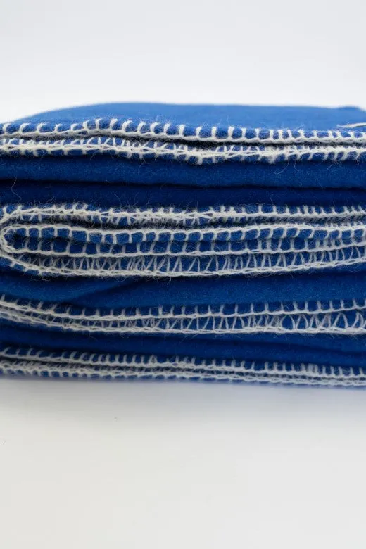 Blue Wool Bed Blanket with Blanket Stitch