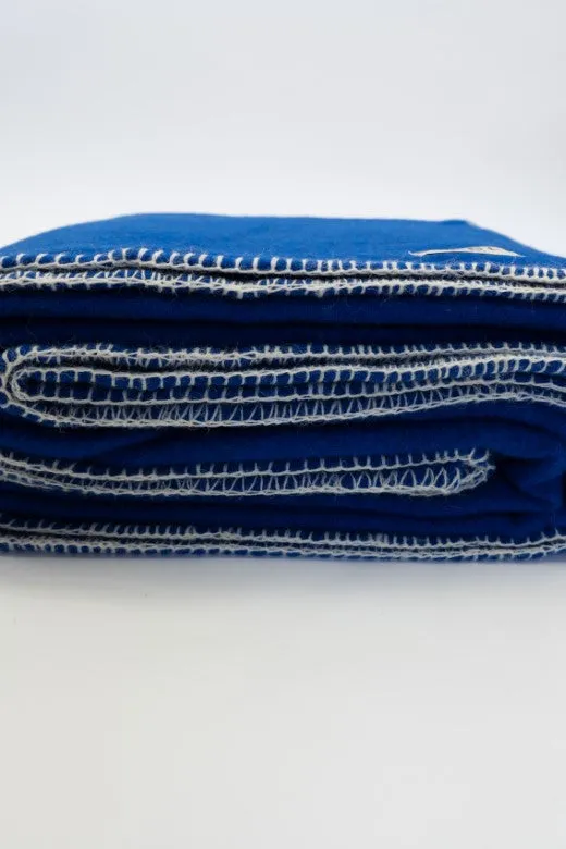 Blue Wool Bed Blanket with Blanket Stitch