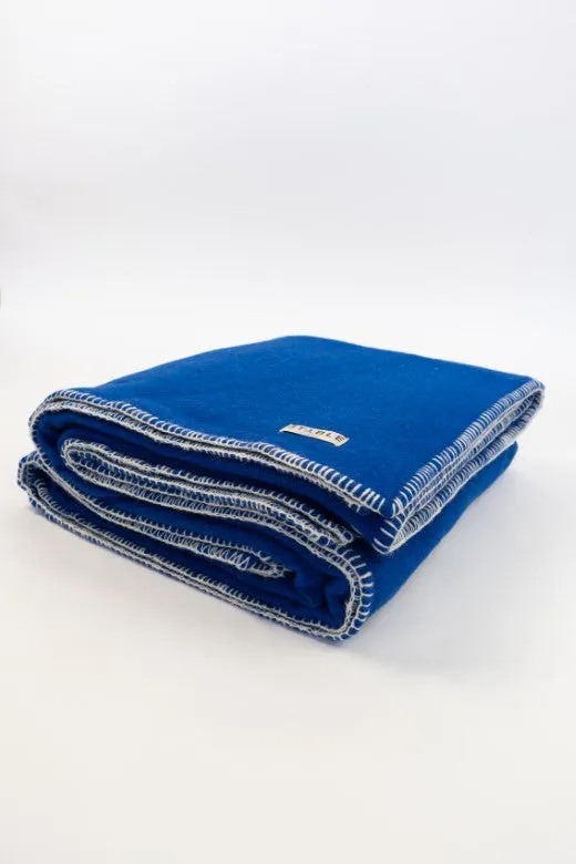 Blue Wool Bed Blanket with Blanket Stitch