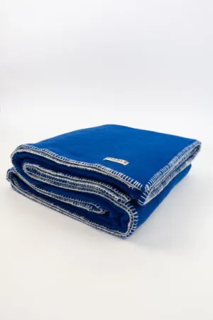 Blue Wool Bed Blanket with Blanket Stitch