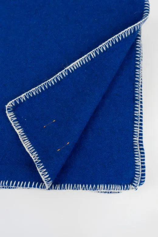 Blue Wool Bed Blanket with Blanket Stitch