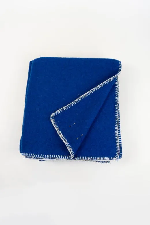 Blue Wool Bed Blanket with Blanket Stitch