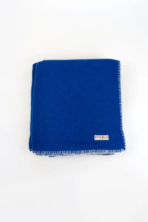 Blue Wool Bed Blanket with Blanket Stitch