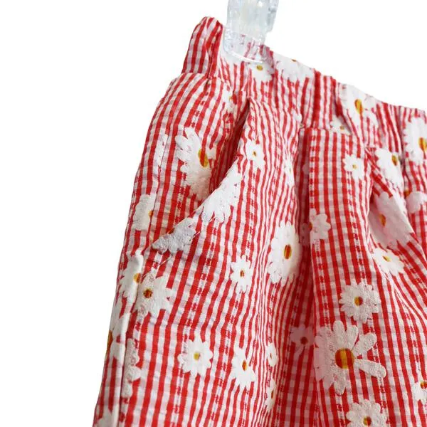Floral Plaid Wide Pants Red