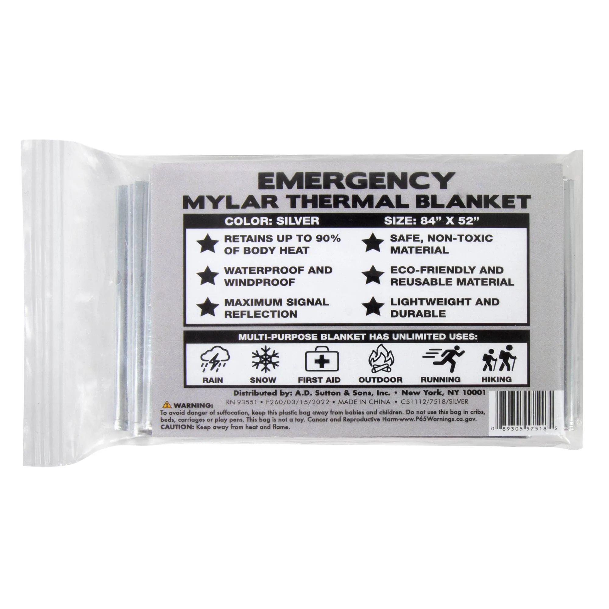 Mylar Emergency Thermal Space Blanket 84" x 52"
