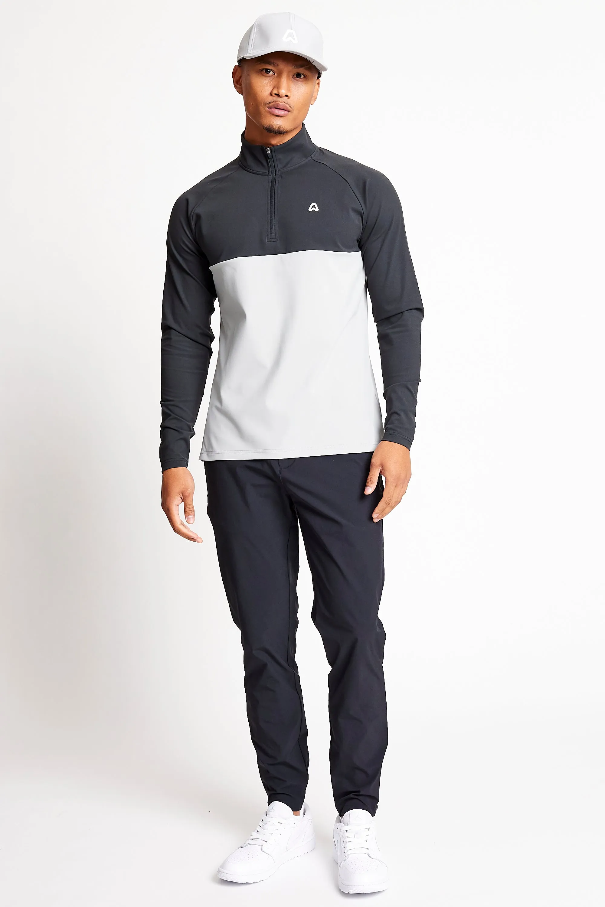 Slim Fit Coloured Blocked 1/4 Zip Top  - Putter Black / Driver Grey