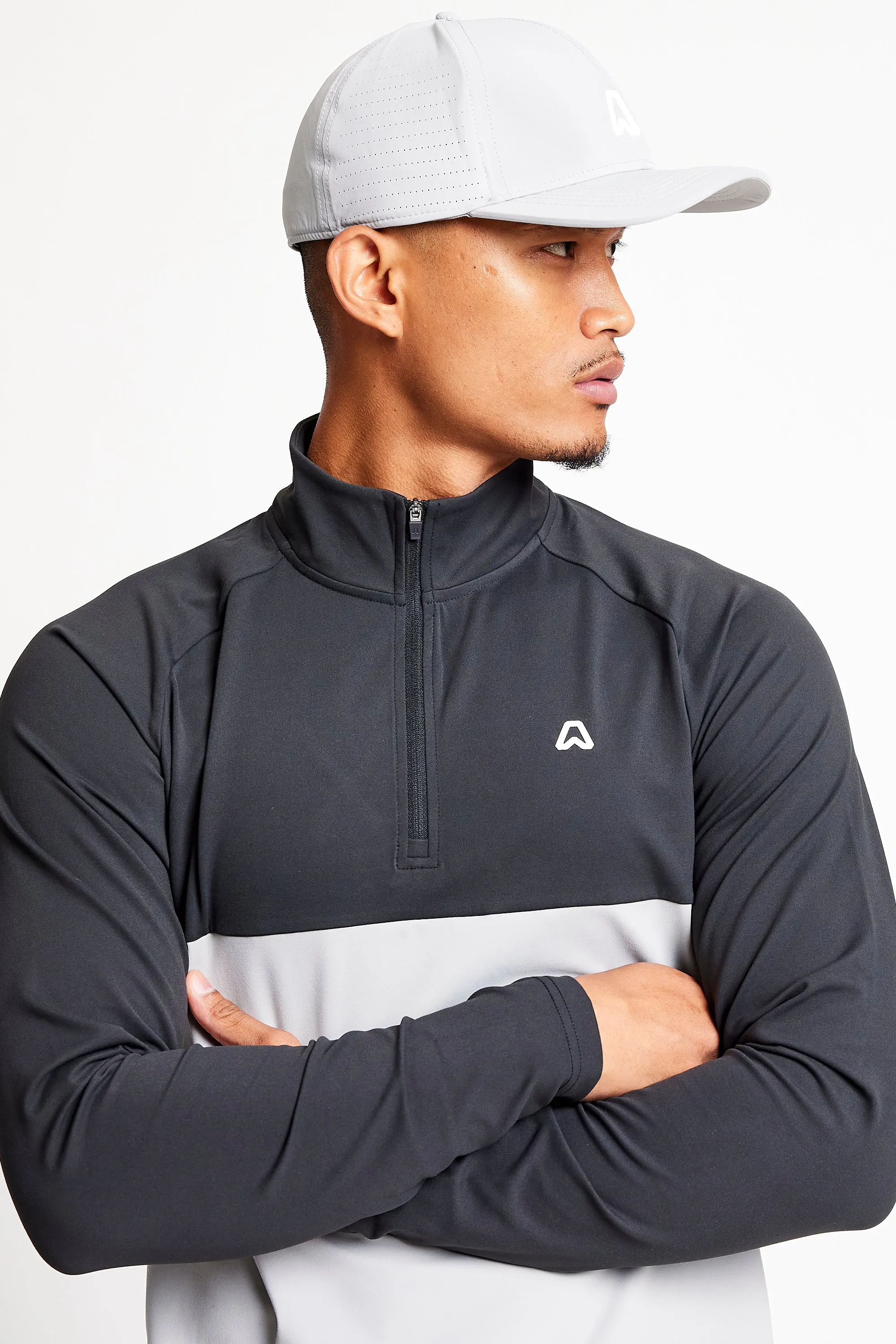 Slim Fit Coloured Blocked 1/4 Zip Top  - Putter Black / Driver Grey