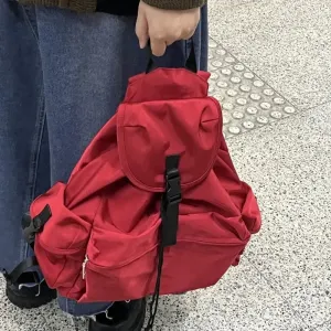 Sohiwoo Vintage Red Fashion Backpacks for Women Nylon Pockets Designer Multi-functional Backpack Students Solid Color Ladies Bag